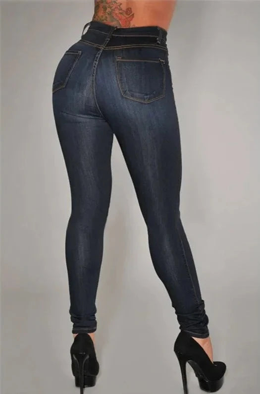 Jean skinny taille haute push-up pour femme, très extensible, effet délavé