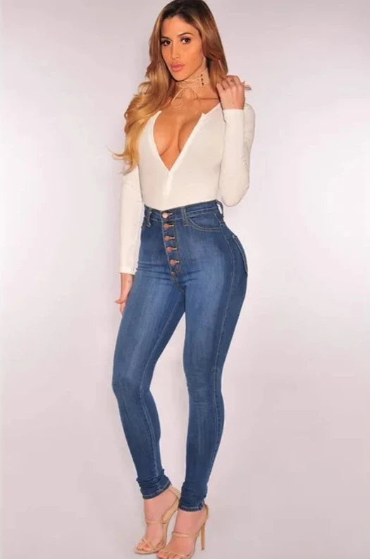 Jean skinny taille haute push-up pour femme, très extensible, effet délavé