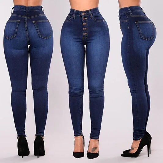 Jean skinny taille haute push-up pour femme, très extensible, effet délavé